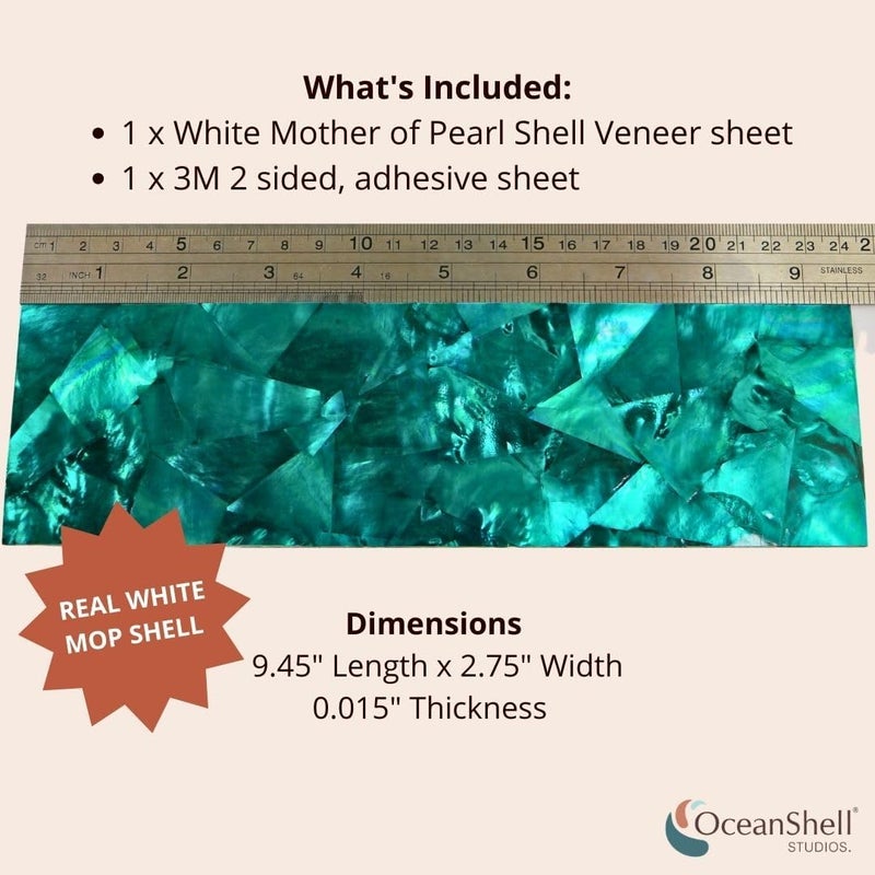 Ocean Shell Studios. Mother of Pearl Shell Inlay Veneer for DIY or Professional Inlay Embellishments - Sustainable New Zealand Turquoise Green- with 3M Double Sided Tape Backing - 9.45"X2.75" - Image 2